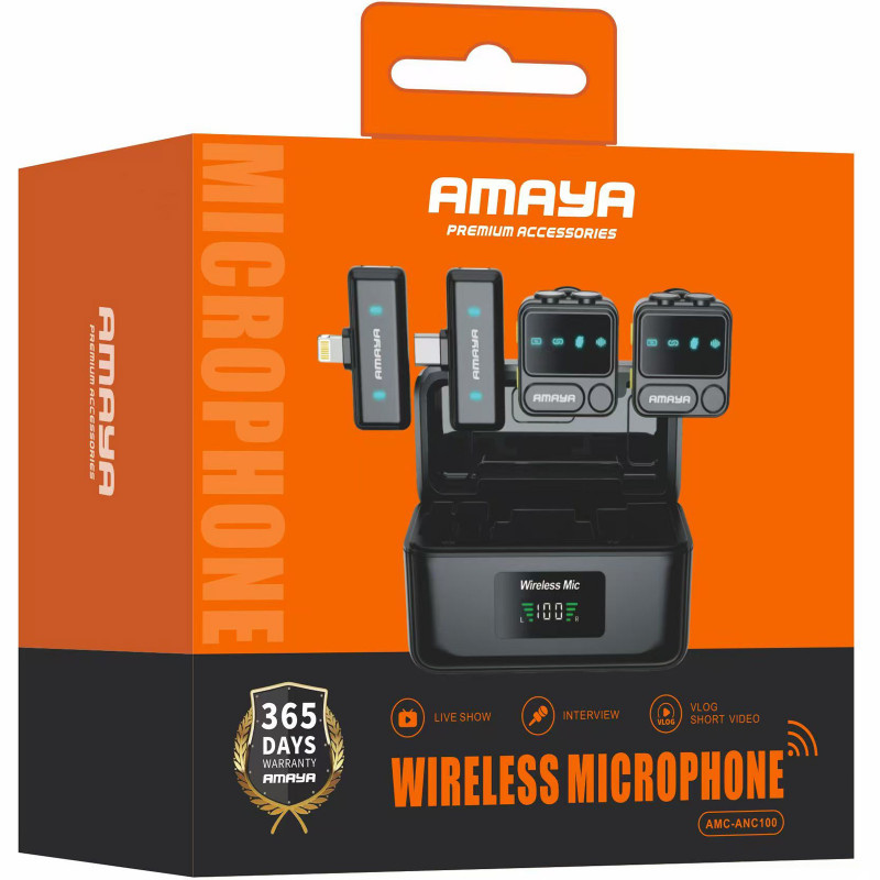 Фото Петличный беспроводной микрофон Amaya ANC100 dual-mic 2in1 (Lightning/Type-C) (Black) на vchehle.ua