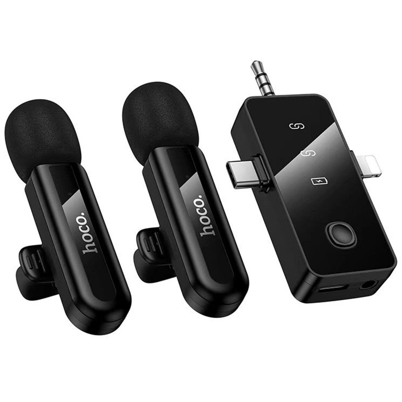Петличний бездротовий мікрофон Hoco L20C Fair dual-mic 3in1 (Lightning/Type-C/3.5) (Black)