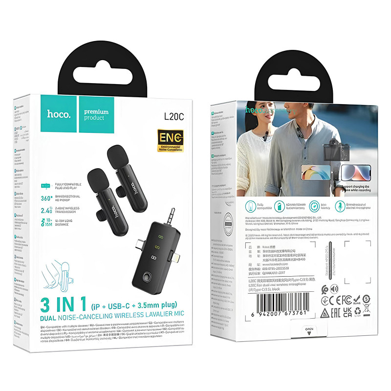 Фото Петличний бездротовий мікрофон Hoco L20C Fair dual-mic 3in1 (Lightning/Type-C/3.5) (Black) на vchehle.ua