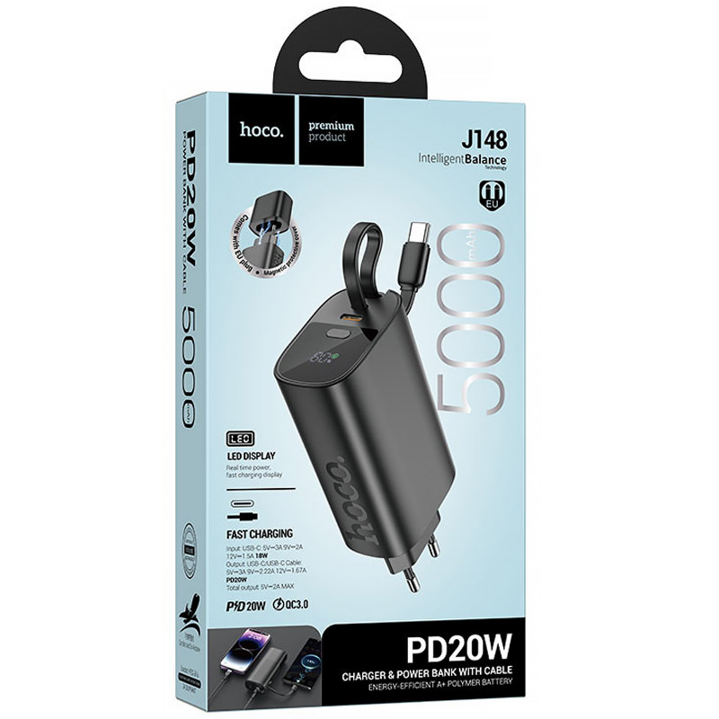 Power Bank Hoco 5000 mAh J148 Handy PD20W with cable (Black) в магазине vchehle.ua