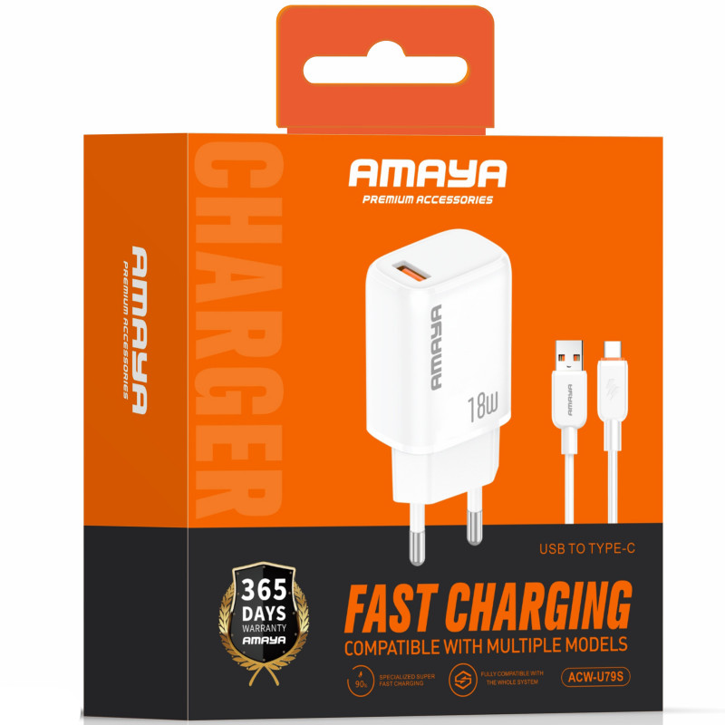 Фото СЗУ Amaya U79S QC3.0 18W (1USB-A) + кабель USB to Type-C (White) на vchehle.ua