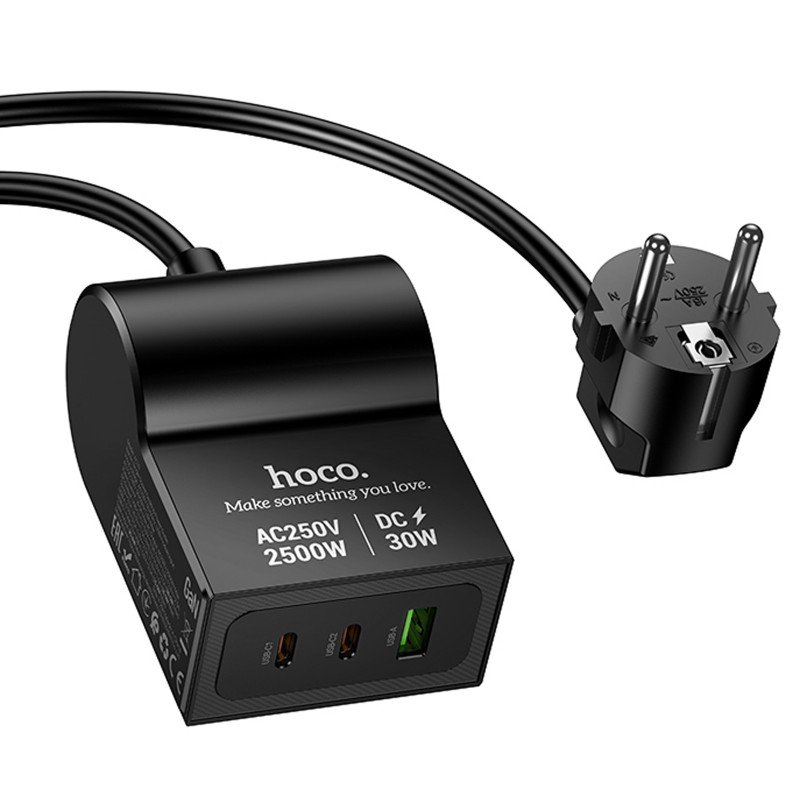 Фото МЗП Hoco AC33 Win 1 position 30W QC+PD (1USB-A/2C/1Socket) (1.5m) (Black) в маназині vchehle.ua