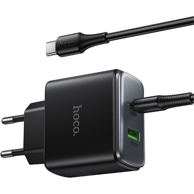Купить СЗУ Hoco C158A Upgrade PD45W (1USB-A/1C) + кабель Type-C to Type-C (Black) на vchehle.ua