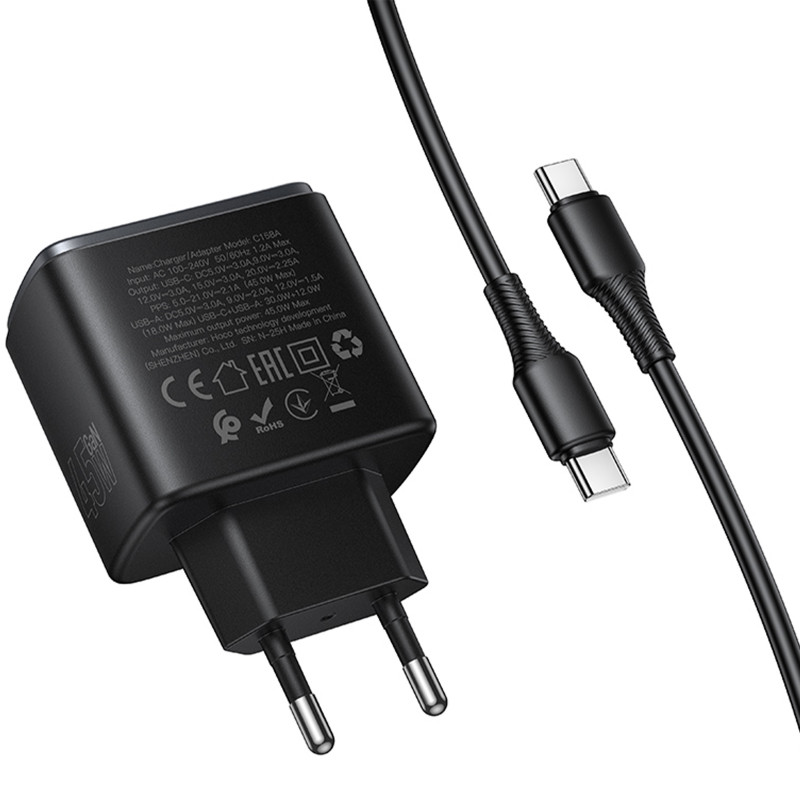 Заказать СЗУ Hoco C158A Upgrade PD45W (1USB-A/1C) + кабель Type-C to Type-C (Black) на vchehle.ua