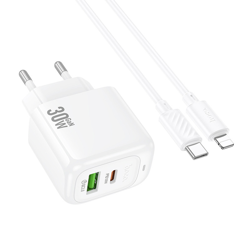 МЗП Hoco CS55A Surplus PD30W+QC3.0 (1USB-A/1C) + кабель Type-C to Lightning (White) в магазині vchehle.ua