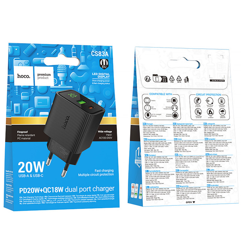 Фото СЗУ Hoco CS83A Excellent with digital display PD20W+QC3.0 (1USB-A/1C) (Black) на vchehle.ua