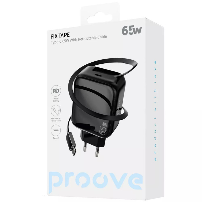 МЗП Proove Fixtape GaN 65W (1USB-C) + висувний кабель Type-C (Black) в магазині vchehle.ua