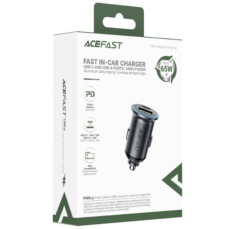 Фото АЗП Acefast B15 PD20W+QC3.0 65W (1USB-A/1C) (Gray) на vchehle.ua