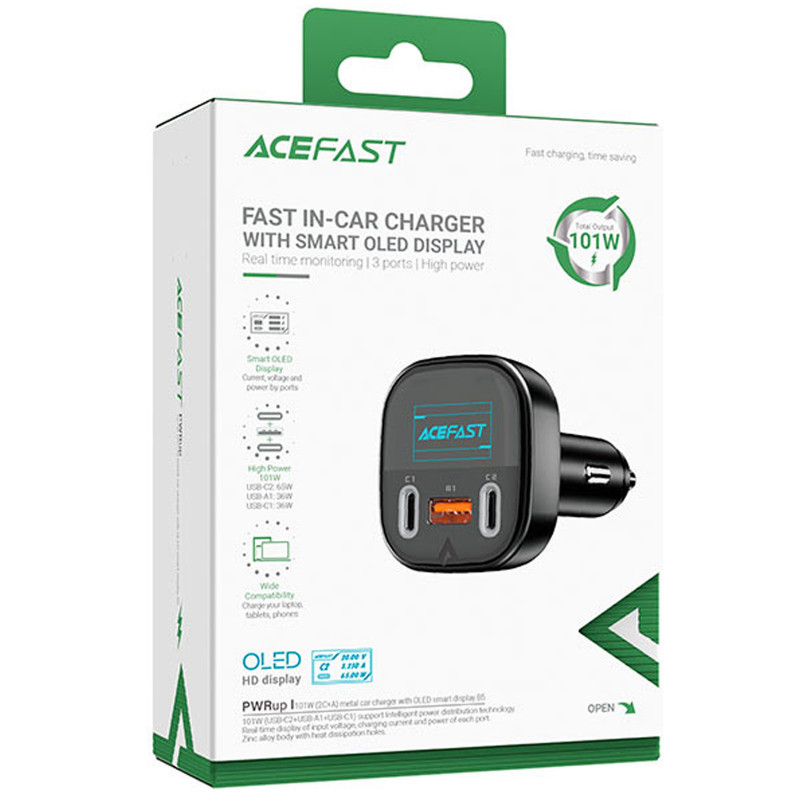 Фото АЗП Acefast B5 PD36W+QC4.0 101W (1USB-A/2C) (Black) в маназині vchehle.ua