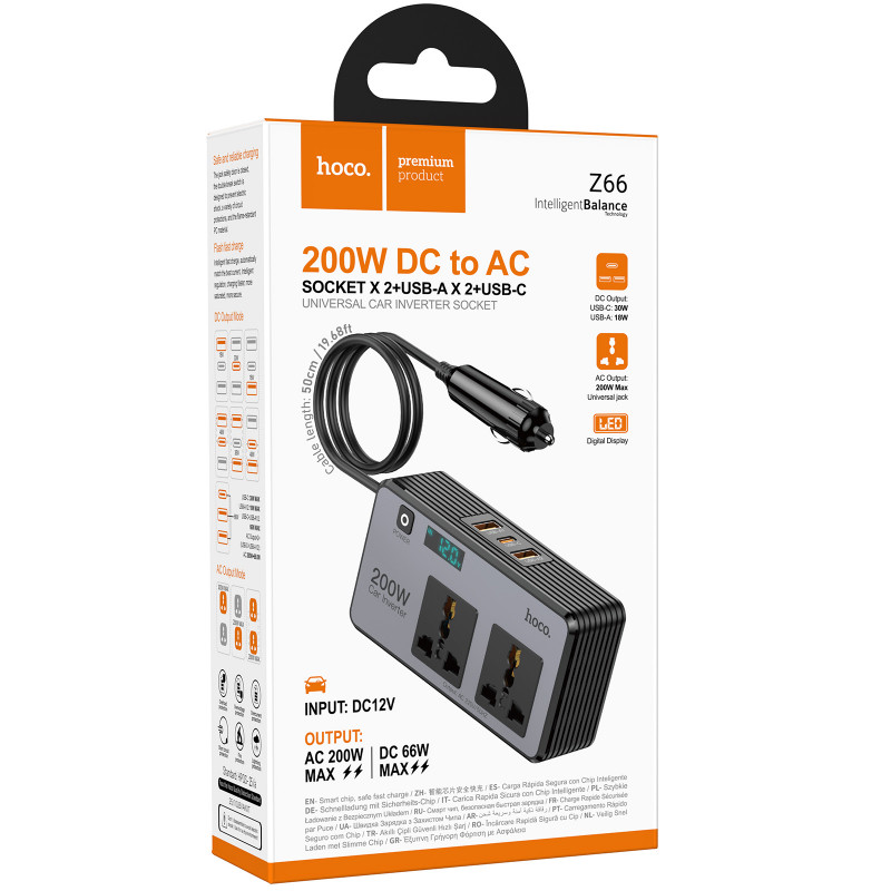 Фото АЗП інвертор Hoco Z66 New PD66W+QC3.0 (2USB-A/1C/2xSocket) (0.5m) (Black) на vchehle.ua