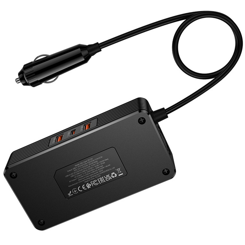 Фото АЗП інвертор Hoco Z66 New PD66W+QC3.0 (2USB-A/1C/2xSocket) (0.5m) (Black) в маназині vchehle.ua