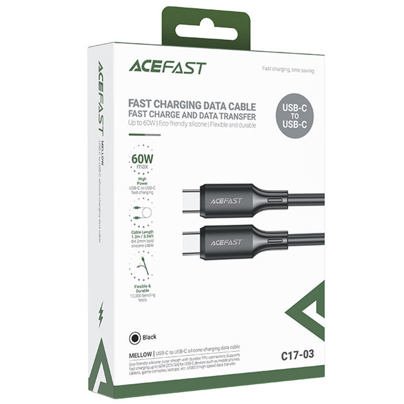 Фото Дата кабель Acefast C17-03 Type-C to Type-C 60W (1.2m) (Black) на vchehle.ua