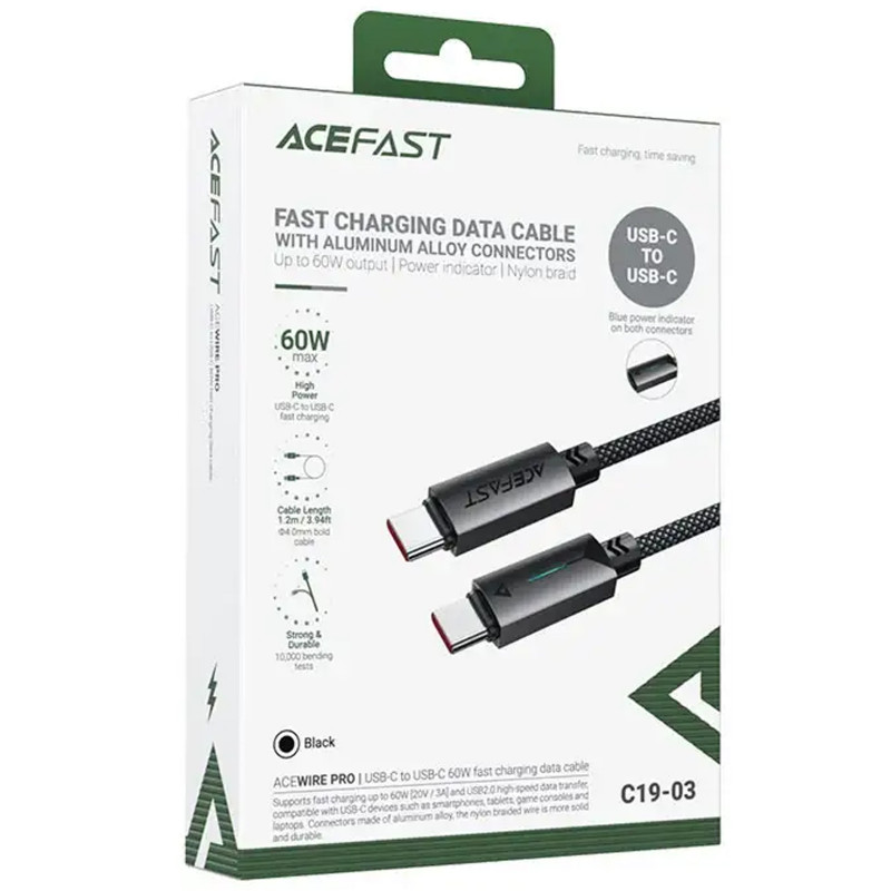 Фото Дата кабель Acefast C19-03 Type-C to Type-C 60W (1.2m) (Black) на vchehle.ua