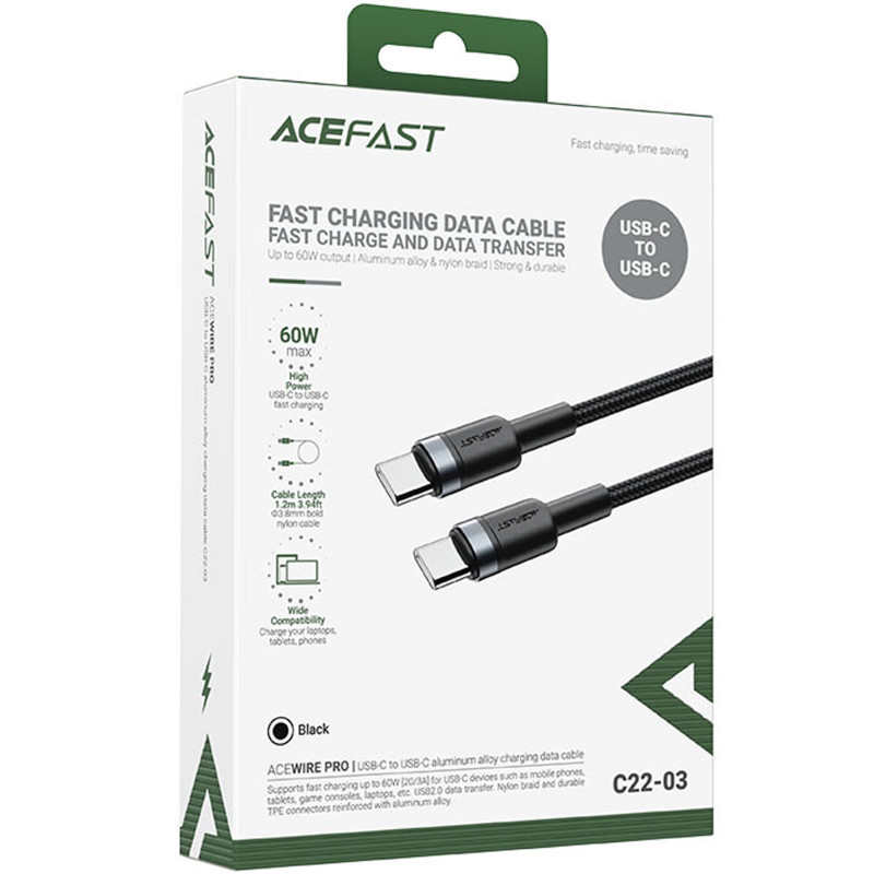 Фото Дата кабель Acefast C22-03 Type-C to Type-C 60W (1.2m) (Black) на vchehle.ua