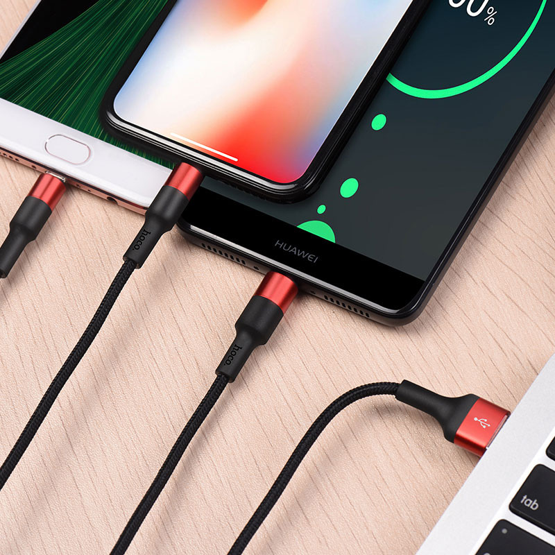 Фото Дата кабель Hoco X26 Xpress 3in1 USB to Lightning/Type-C/MicroUSB 2A (1.2m) (Чорний / Червоний) в маназині vchehle.ua