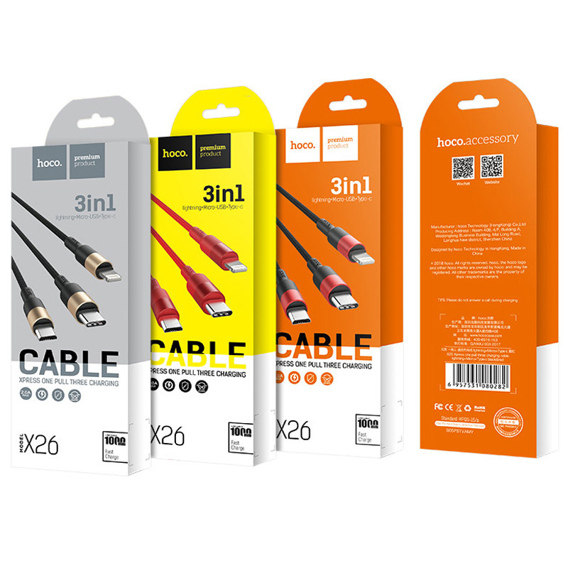 Дата кабель Hoco X26 Xpress 3in1 USB to Lightning/Type-C/MicroUSB 2A (1.2m) (Чорний / Червоний) в магазині vchehle.ua