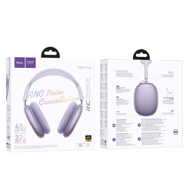 Фото Накладні бездротові навушники Hoco W65 Plus Happy ANC (Purple) в маназині vchehle.ua