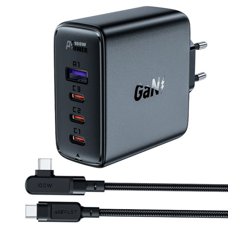 СЗУ Acefast A37 PD100W+QC3.0 GaN (1USB-A/3C) + кабель Type-C to Type-C 2m (Black)