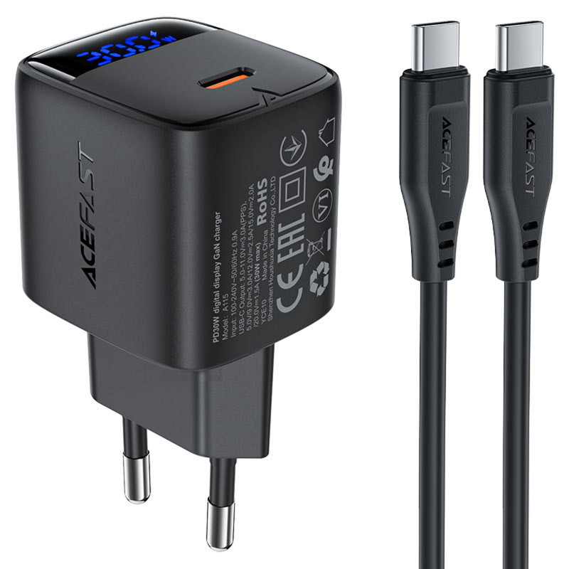 СЗУ Acefast A115 PD30W GaN (1USB-C) + кабель Type-C to Type-C (Black)