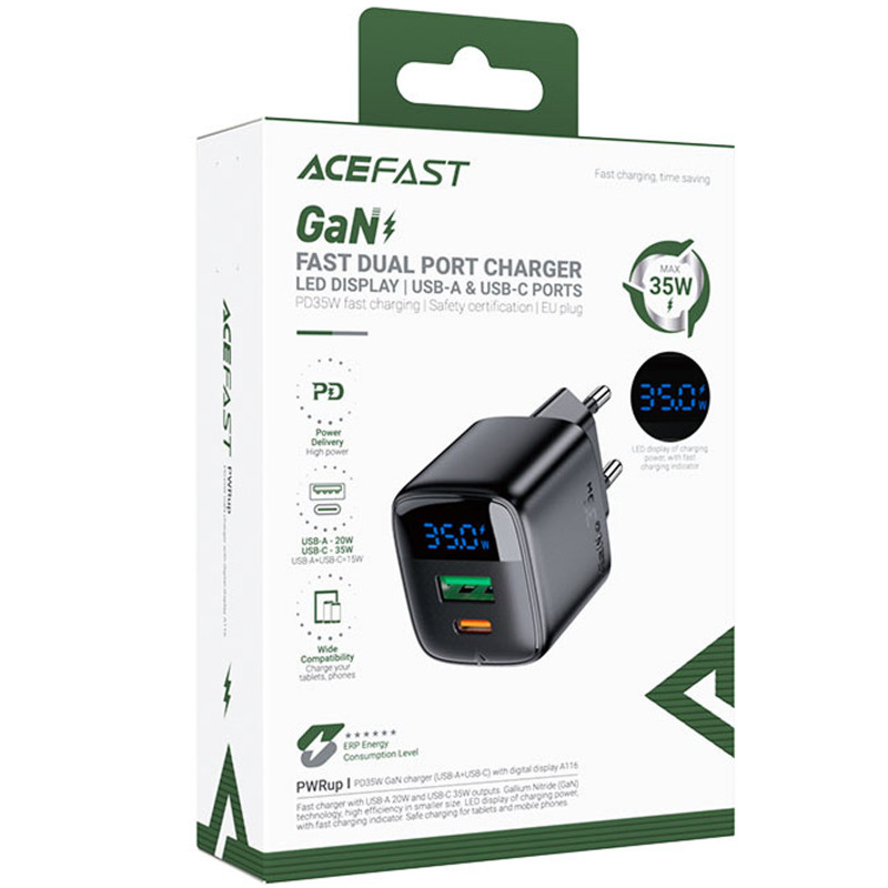 Фото СЗУ Acefast A116 PD35W+QC3.0 GaN (1USB-A/1C) (Black) на vchehle.ua