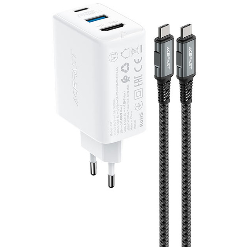 МЗП Acefast A17 PD65W GaN (1USB-A/1C/1HDMI) + кабель Type-C to Type-C (White)