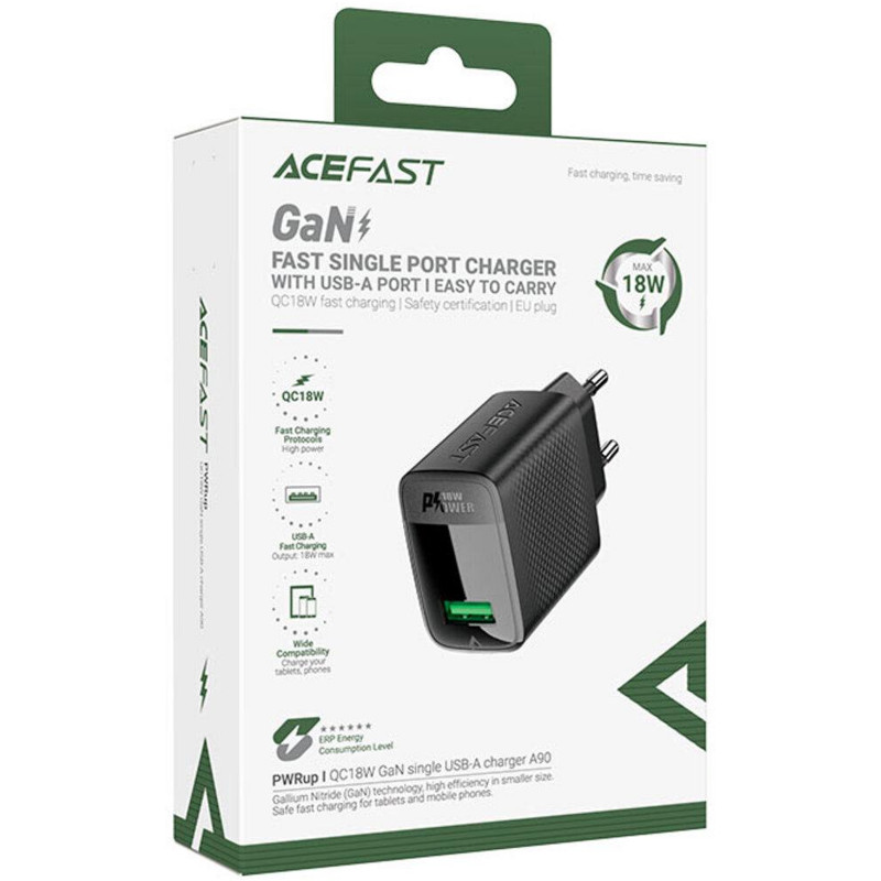 СЗУ Acefast A90 QC3.0 18W (1USB-A) (Black) в магазине vchehle.ua