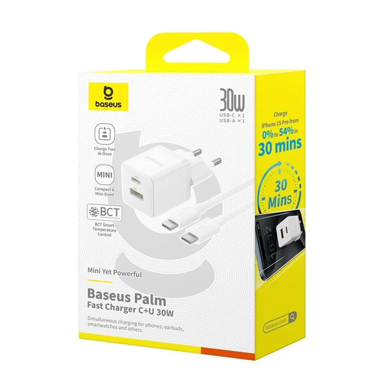 Заказать СЗУ Baseus Palm Fast Charger 30W (1USB-A/1C) + кабель Type-C to Type-C (P1011160A) (Moon White) на vchehle.ua