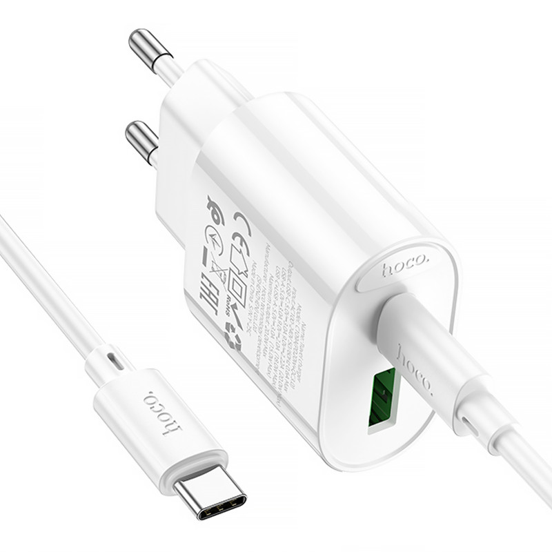 СЗУ Hoco C109A Fighter PD20W+QC3.0 (1USB-A/1C) + кабель Type-C to Type-C (White) в магазине vchehle.ua