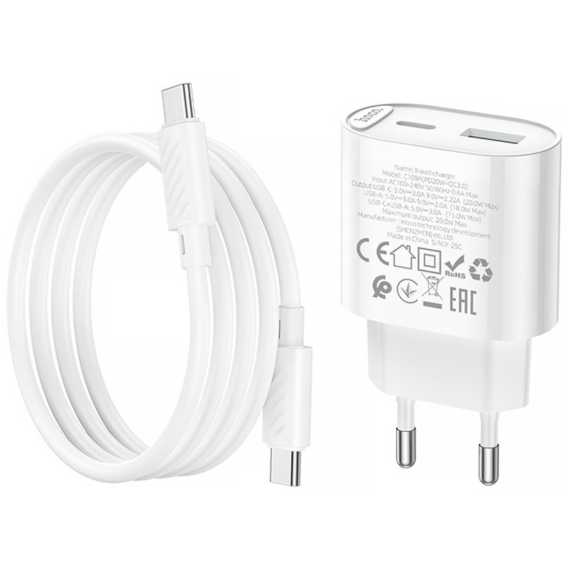 Заказать СЗУ Hoco C109A Fighter PD20W+QC3.0 (1USB-A/1C) + кабель Type-C to Type-C (White) на vchehle.ua