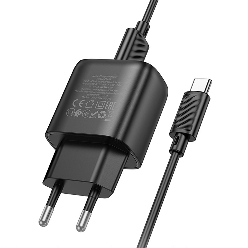 МЗП Hoco C140A Smart QC3.0 18W (1USB-A) + кабель USB to Type-C (Black) в магазині vchehle.ua