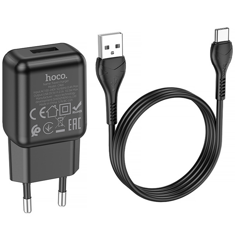 СЗУ Hoco C96A (1USB/2.1A) + кабель USB to Type-C (Black) в магазине vchehle.ua