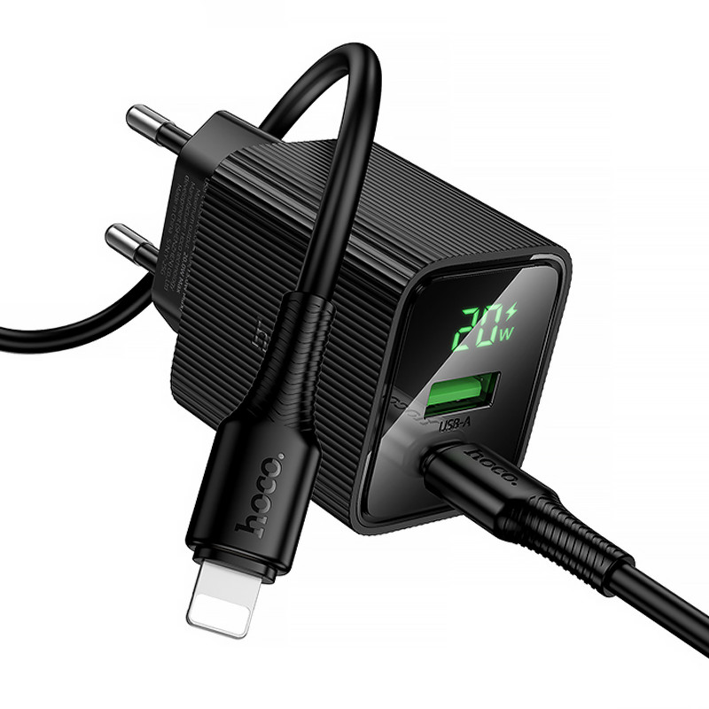 Фото МЗП Hoco CS83A Excellent with digital display PD20W+QC3.0 (1USB-A/1C) + кабель Type-C to Lightning (Black) в маназині vchehle.ua