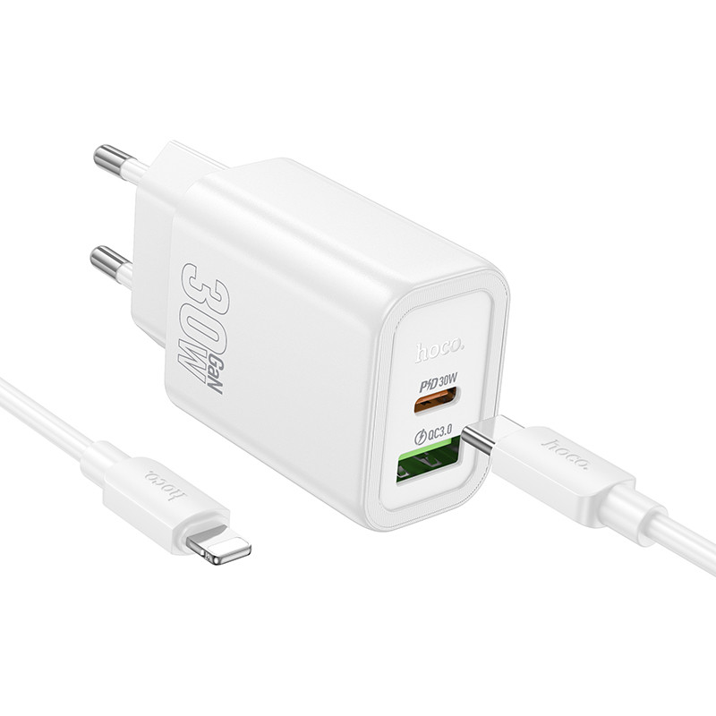 СЗУ Hoco N63 Gentle PD30W+QC3.0 (1USB-A/1C) + кабель Type-C to Lightning (White) в магазине vchehle.ua
