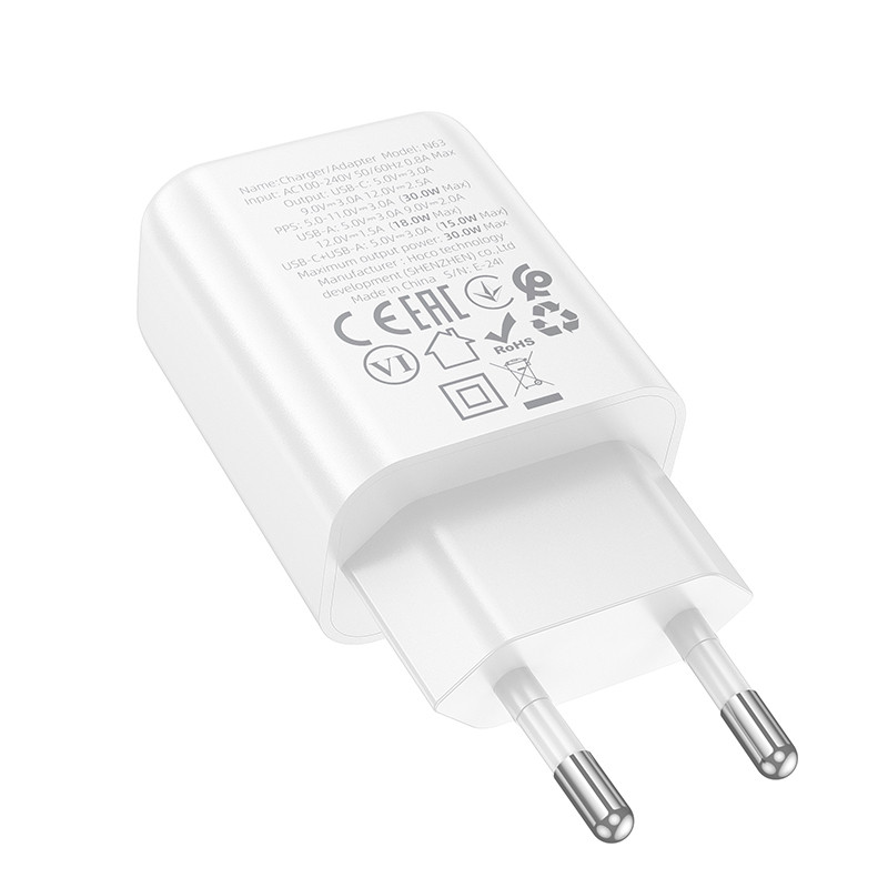 СЗУ Hoco N63 Gentle PD30W+QC3.0 (1USB-A/1C) + кабель Type-C to Type-C (White) в магазине vchehle.ua