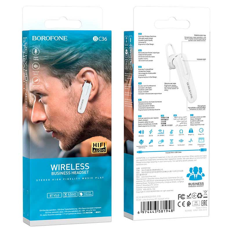 Bluetooth моно-гарнитура Borofone BC36 Lucky (Белый) в магазине vchehle.ua