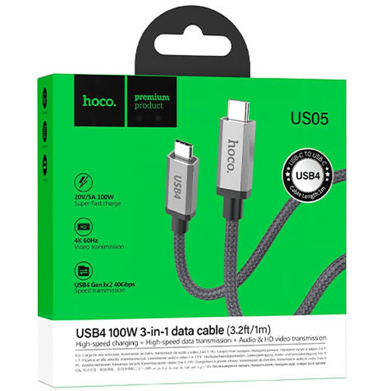 Купить Дата кабель Hoco US05 Type-C to Type-C 100W USB4 40Gbps (1m) (Black) на vchehle.ua