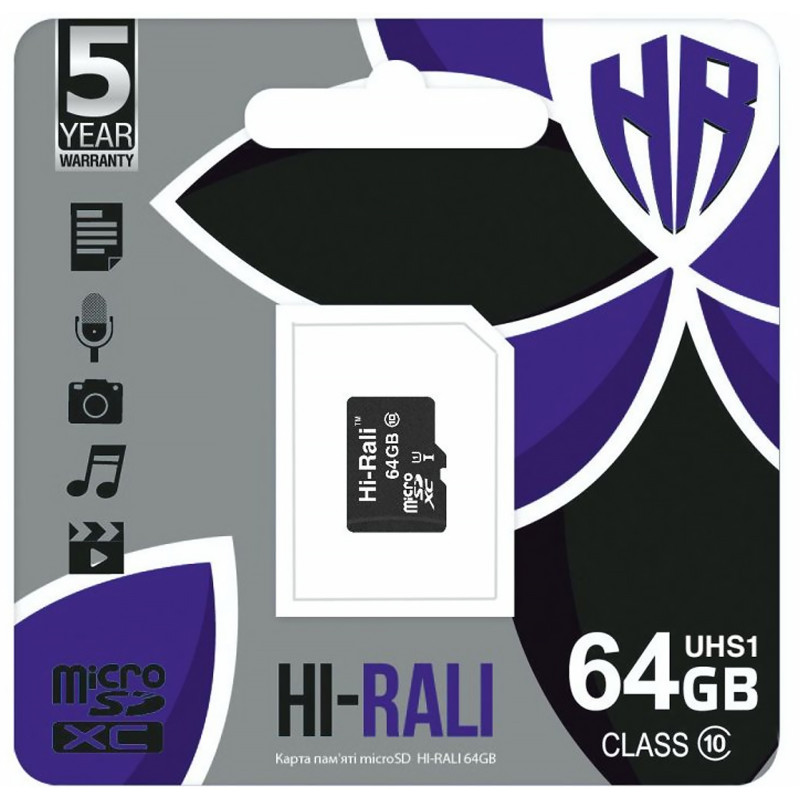Карта памяти Hi-Rali (UHS-1) microSDXC Class 10 - 64GB (без адаптера) (Черный)