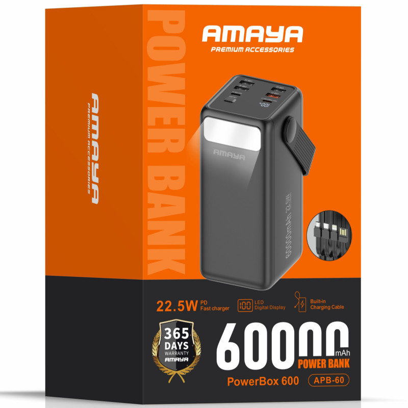 Фото Power Bank Amaya 60000 mAh APB-60 22.5W flashlight with cable (Black) на vchehle.ua