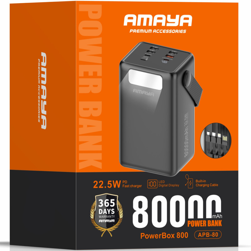 Фото Power Bank Amaya 80000 mAh APB-80 22.5W flashlight with cable (Black) на vchehle.ua