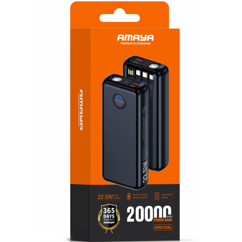 Фото Power Bank Amaya 20000 mAh F239L 22.5W flashlight with cable (Black) на vchehle.ua