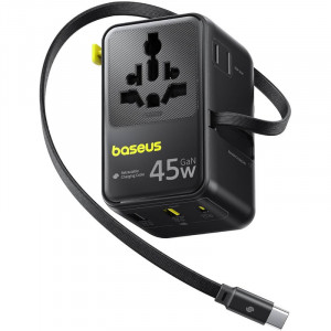 Сетевой универсальный переходник Baseus AG11 45W with retractable cable (2USB-A/1C/1Socket) (E0307F)