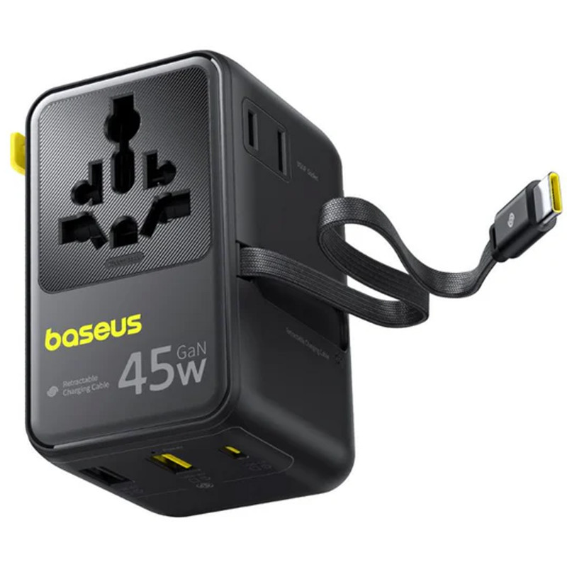 Сетевой универсальный переходник Baseus AG11 45W with retractable cable (2USB-A/1C/1Socket) (E0307F) (Cosmic Black) в магазине vchehle.ua