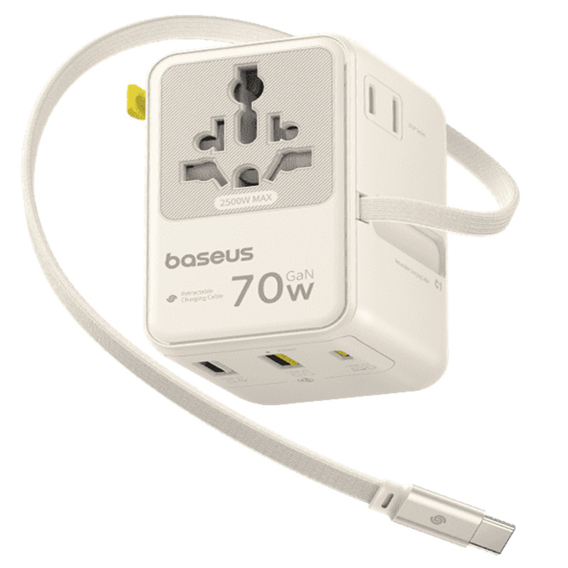 Сетевой универсальный переходник Baseus CG11 70W with retractable cable (2USB-A/3C/1Socket) (E0307E)