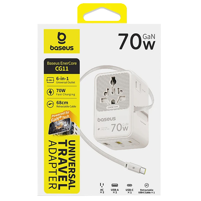 Фото Сетевой универсальный переходник Baseus CG11 70W with retractable cable (2USB-A/3C/1Socket) (E0307E) (Off-White) в магазине vchehle.ua