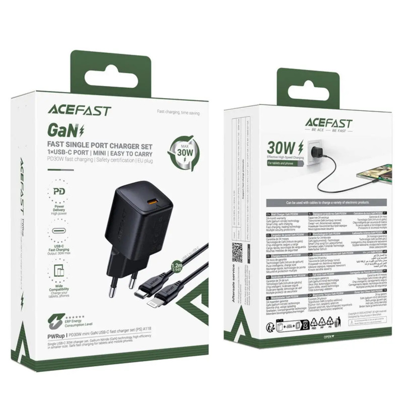 Фото СЗУ Acefast A118 PD30W GaN (1USB-C) + кабель Type-C to Lightning (Black) в магазине vchehle.ua