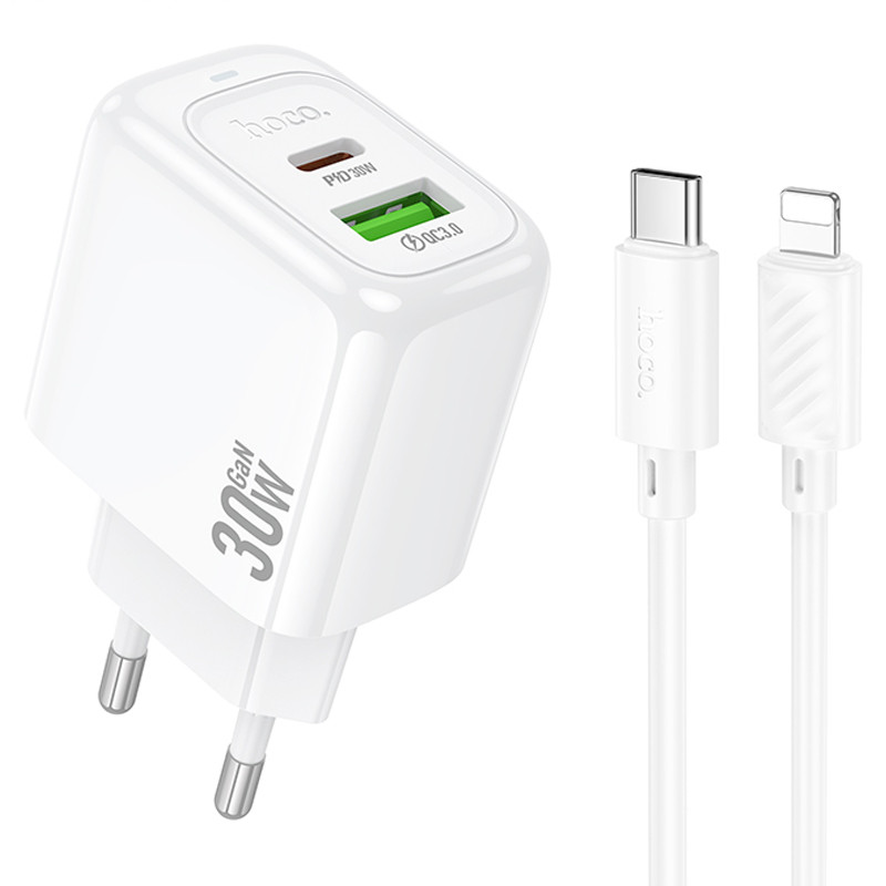 МЗП Hoco CS55A Surplus PD30W+QC3.0 (1USB-A/1C) + кабель Type-C to Lightning (White)