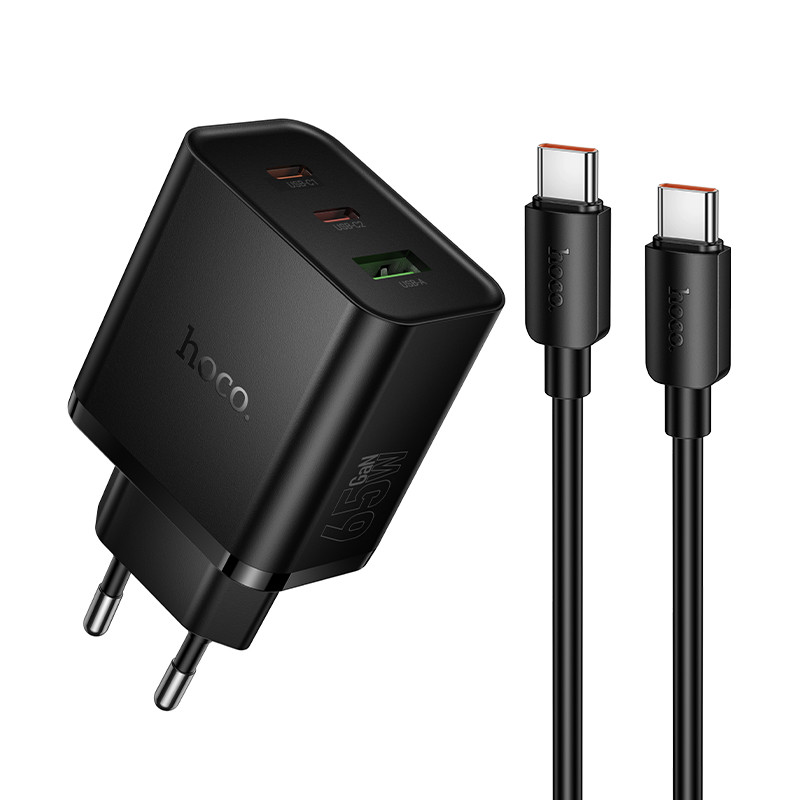 СЗУ Hoco N75 Grande 65W QC+PD (1USB-A/2C) + кабель Type-C to Type-C (Black)