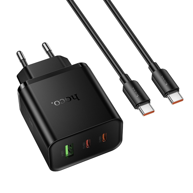 Фото СЗУ Hoco N75 Grande 65W QC+PD (1USB-A/2C) + кабель Type-C to Type-C (Black) на vchehle.ua