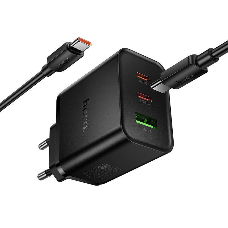 Купить СЗУ Hoco N75 Grande 65W QC+PD (1USB-A/2C) + кабель Type-C to Type-C (Black) на vchehle.ua