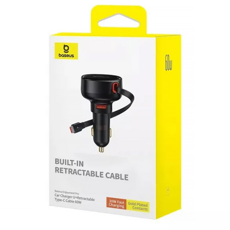 Фото АЗУ Baseus Enjoyment Pro PD60W+QC3.0 with retractable cable (1USB-A/1C) (C000578) (Cluster Black) на vchehle.ua